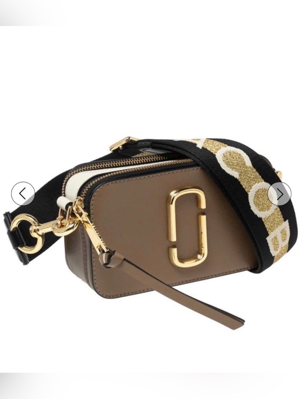 Marc Jacobs Taupe Snapshot Leather Crossbody with Black & Gold Strap